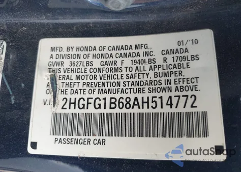 2010 Honda Civic Lx z USA, uszkodzony, nr VIN 2HGFG1B68AH514772